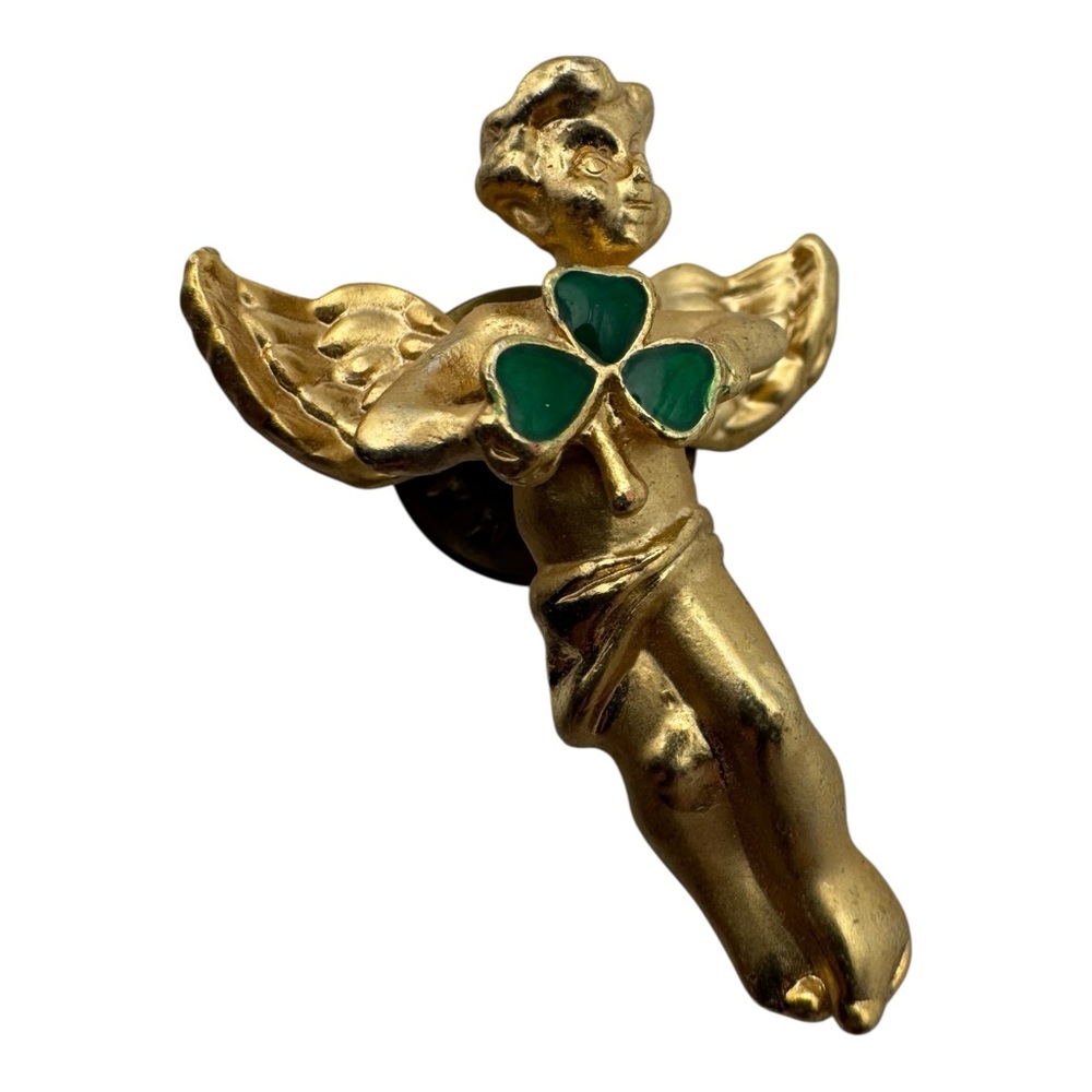Vintage Gold Tone Angel‎ Pin w/ Green Shamrock Enamel – 1.25”